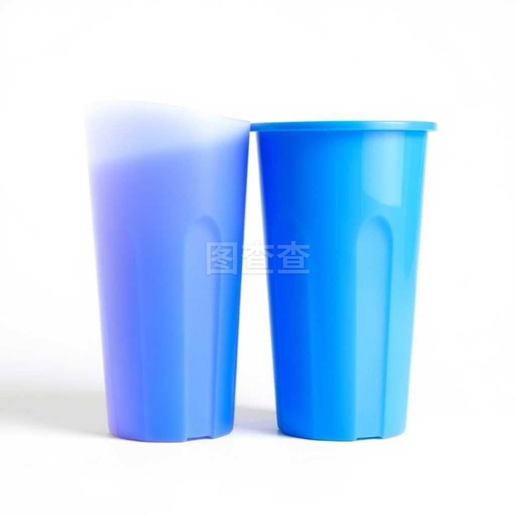 在白色背景上分离的蓝色塑料杯