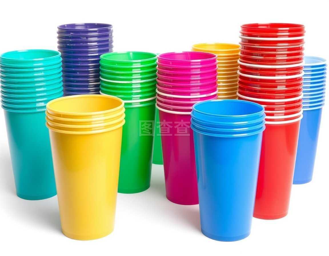 各种颜色的塑料杯隔离在白色上